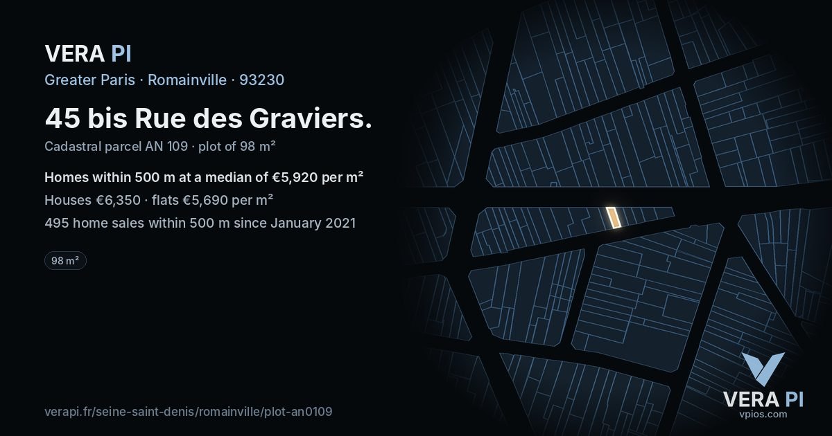 45 bis Rue des Graviers, Romainville at night – the plot lit, the parcels around coloured by the prices near them