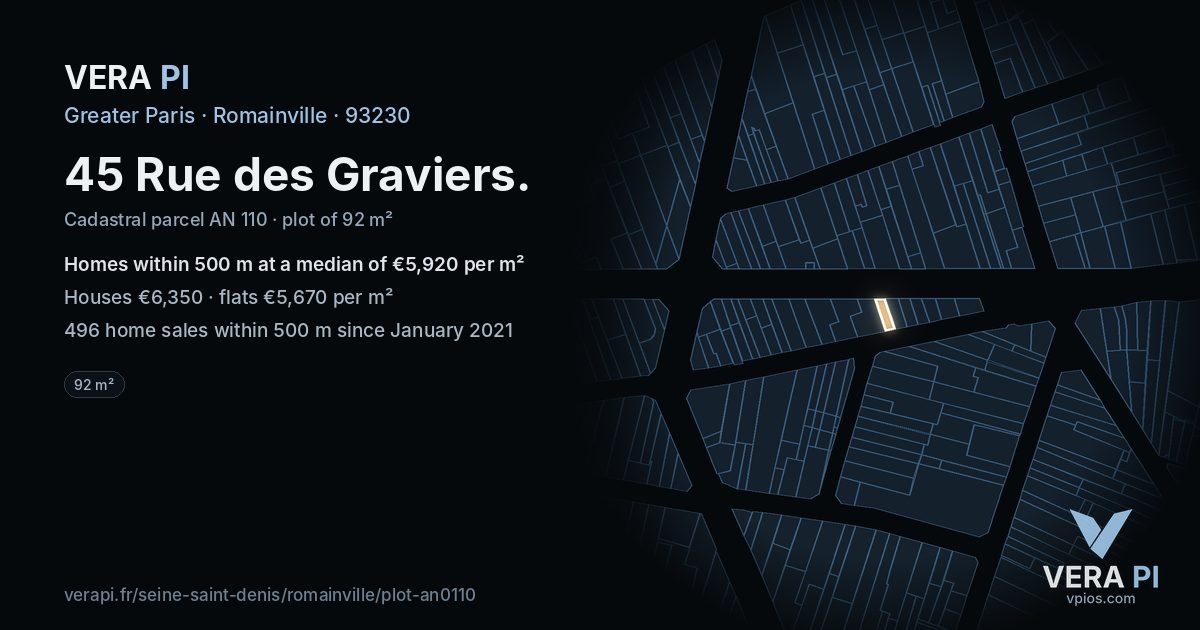 45 Rue des Graviers, Romainville at night – the plot lit, the parcels around coloured by the prices near them