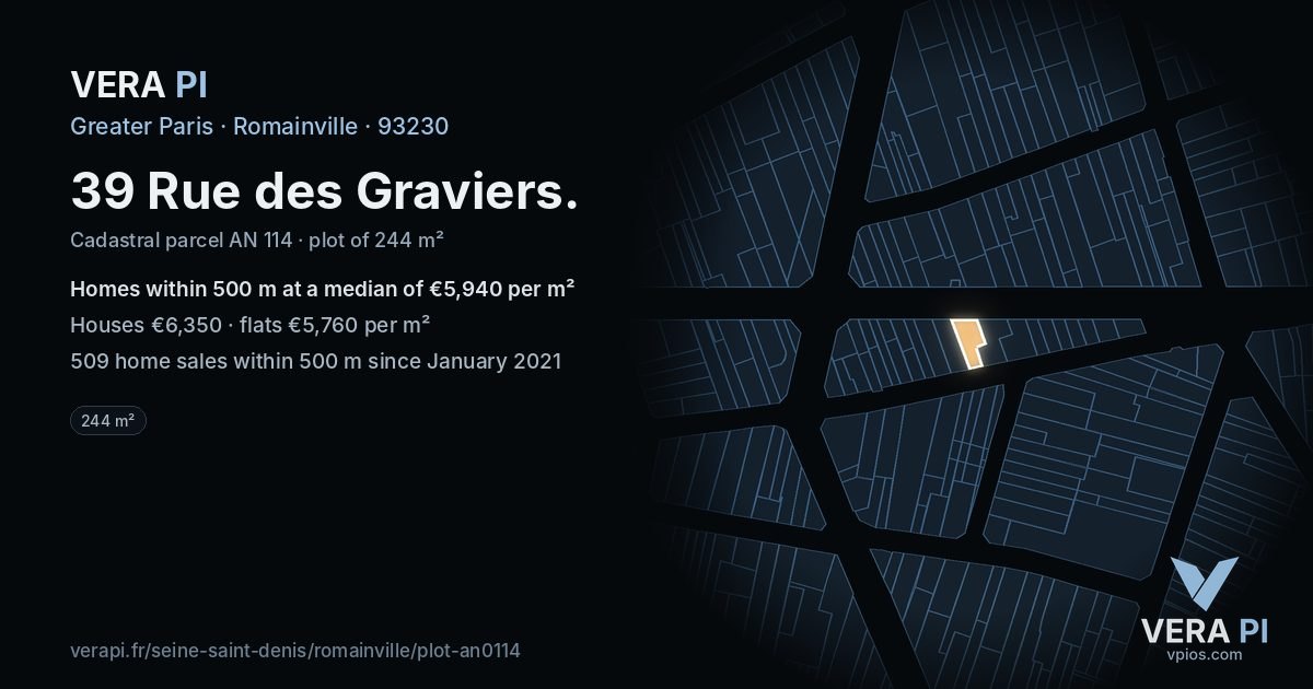 39 Rue des Graviers, Romainville at night – the plot lit, the parcels around coloured by the prices near them