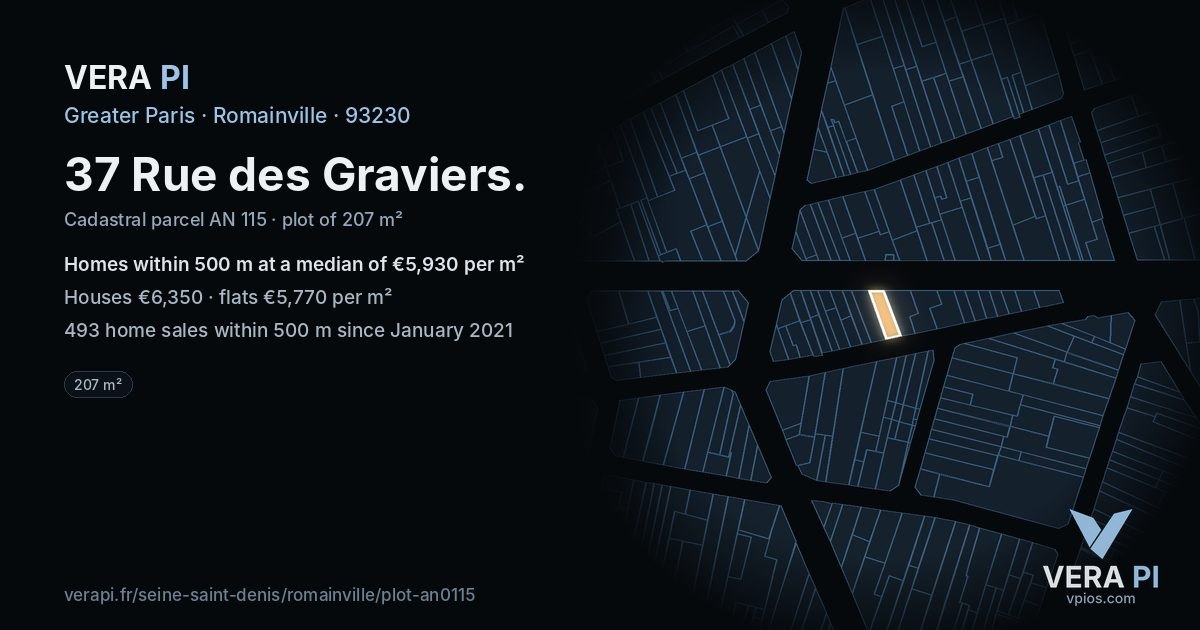 37 Rue des Graviers, Romainville at night – the plot lit, the parcels around coloured by the prices near them