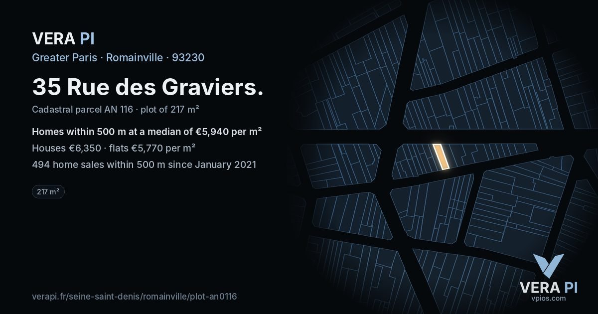 35 Rue des Graviers, Romainville at night – the plot lit, the parcels around coloured by the prices near them