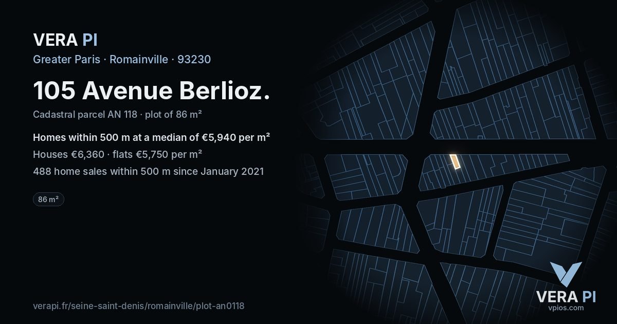 105 Avenue Berlioz, Romainville at night – the plot lit, the parcels around coloured by the prices near them