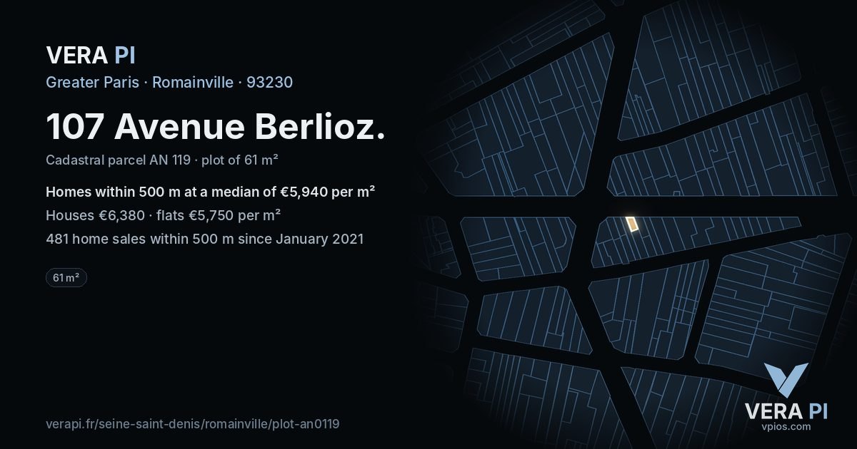 107 Avenue Berlioz, Romainville at night – the plot lit, the parcels around coloured by the prices near them