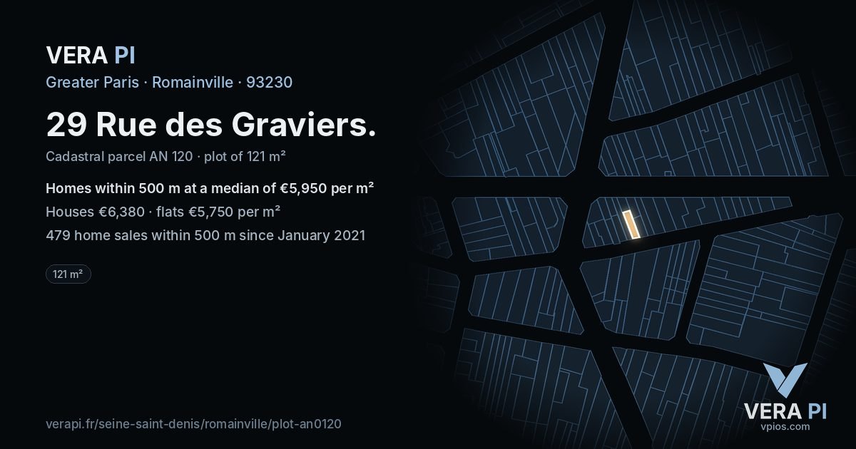 29 Rue des Graviers, Romainville at night – the plot lit, the parcels around coloured by the prices near them
