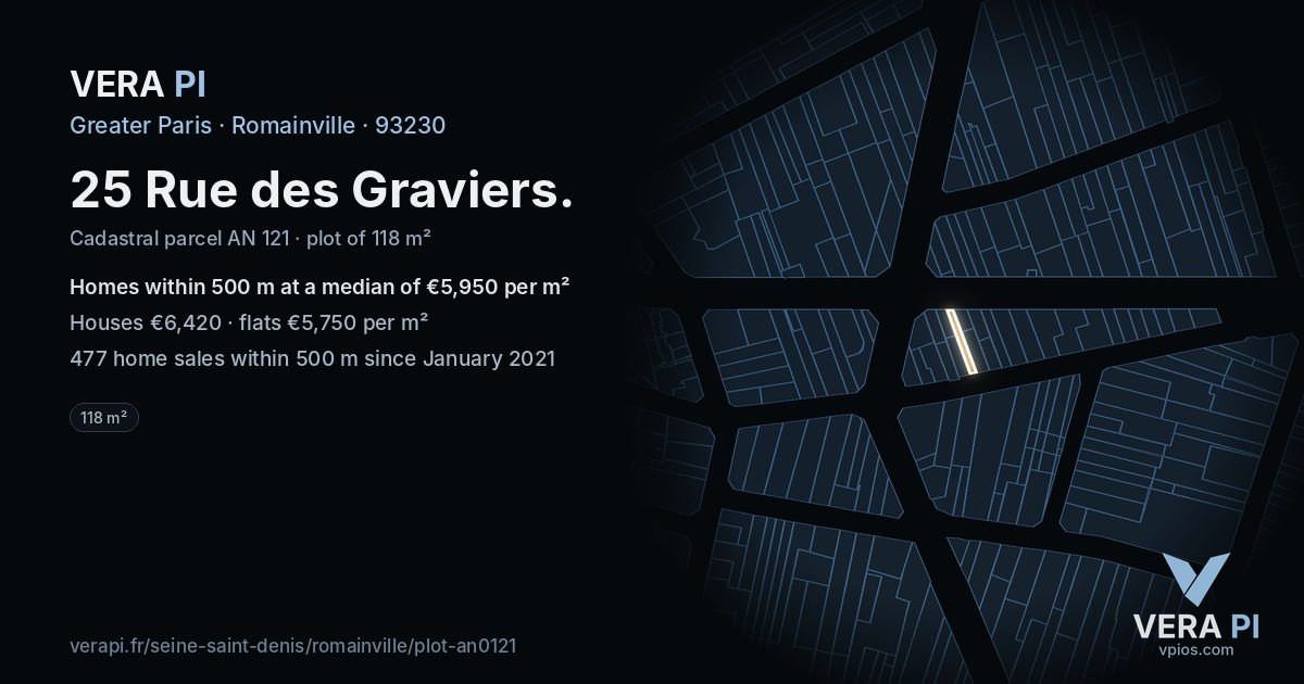 25 Rue des Graviers, Romainville at night – the plot lit, the parcels around coloured by the prices near them