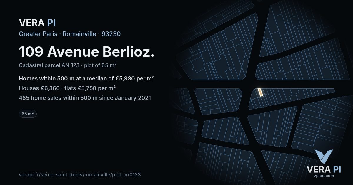 109 Avenue Berlioz, Romainville at night – the plot lit, the parcels around coloured by the prices near them