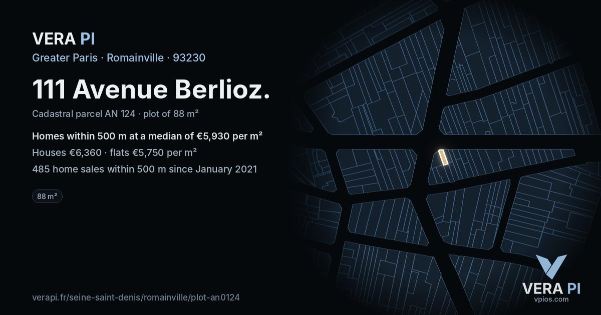 111 Avenue Berlioz, Romainville at night – the plot lit, the parcels around coloured by the prices near them