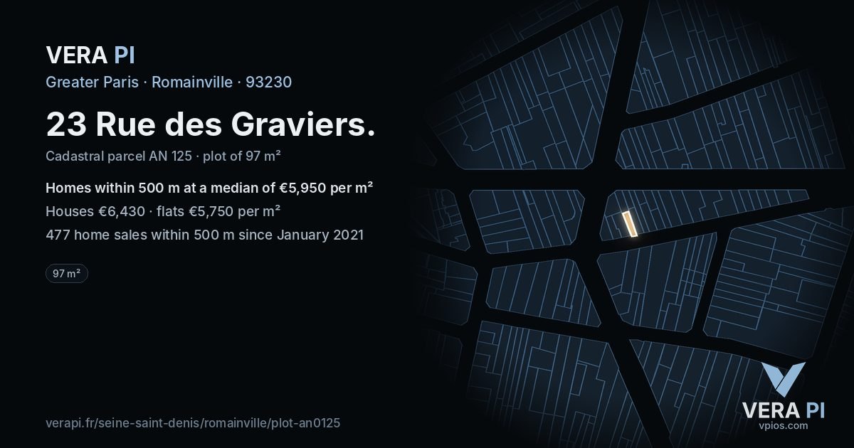 23 Rue des Graviers, Romainville at night – the plot lit, the parcels around coloured by the prices near them