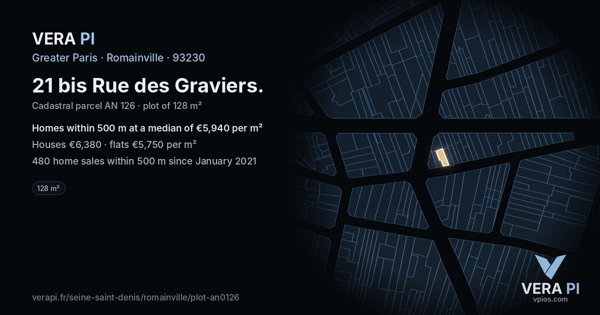 21 bis Rue des Graviers, Romainville at night – the plot lit, the parcels around coloured by the prices near them
