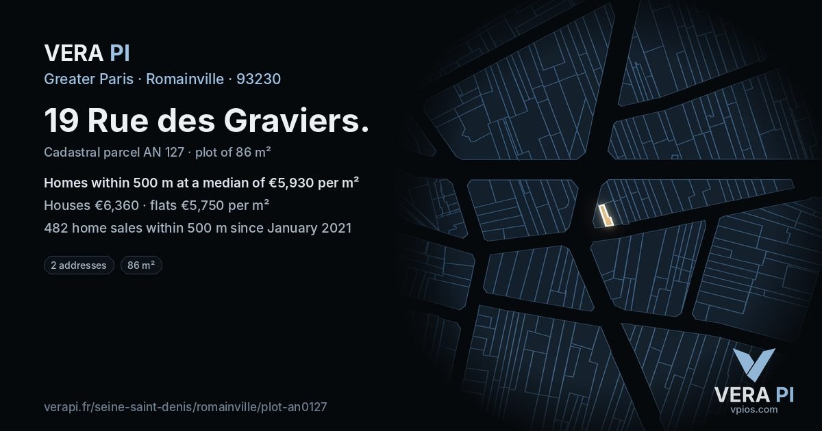 19 Rue des Graviers, Romainville at night – the plot lit, the parcels around coloured by the prices near them