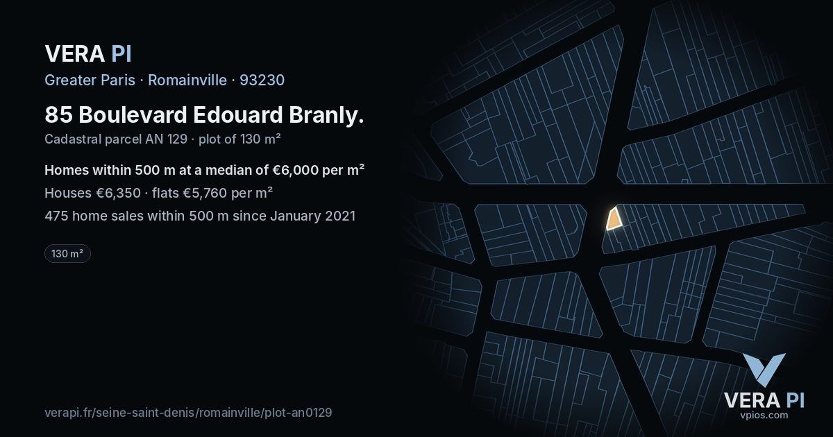 85 Boulevard Edouard Branly, Romainville at night – the plot lit, the parcels around coloured by the prices near them