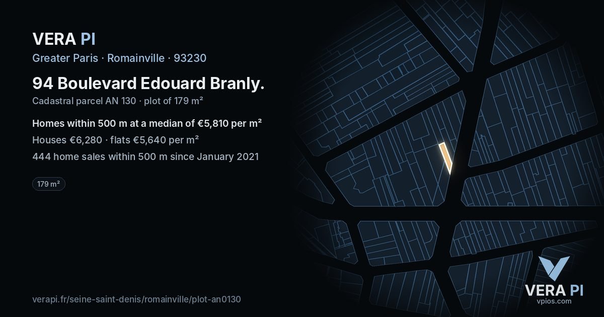 94 Boulevard Edouard Branly, Romainville at night – the plot lit, the parcels around coloured by the prices near them