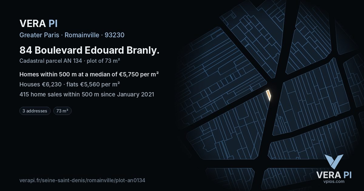 84 Boulevard Edouard Branly, Romainville at night – the plot lit, the parcels around coloured by the prices near them