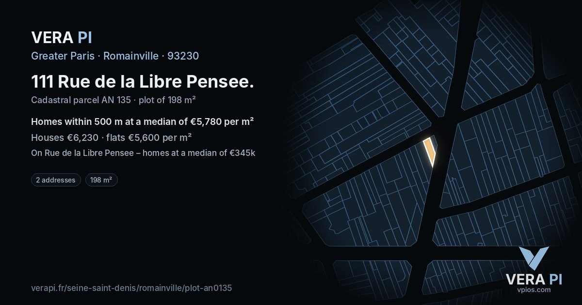 111 Rue de la Libre Pensee, Romainville at night – the plot lit, the parcels around coloured by the prices near them
