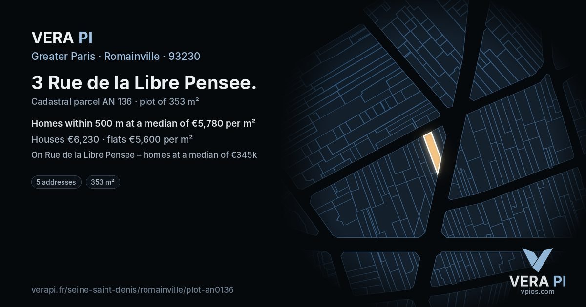 3 Rue de la Libre Pensee, Romainville at night – the plot lit, the parcels around coloured by the prices near them