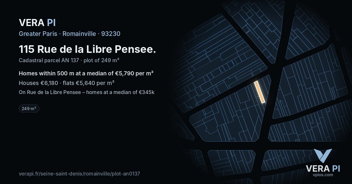 115 Rue de la Libre Pensee, Romainville at night – the plot lit, the parcels around coloured by the prices near them