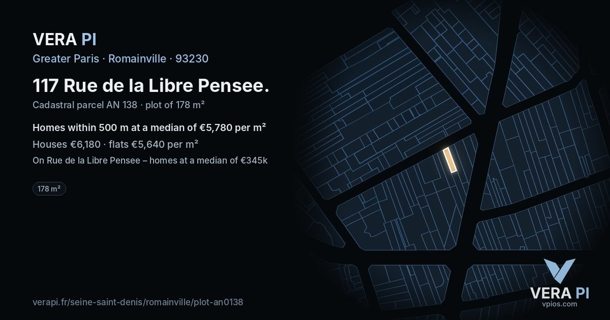 117 Rue de la Libre Pensee, Romainville at night – the plot lit, the parcels around coloured by the prices near them