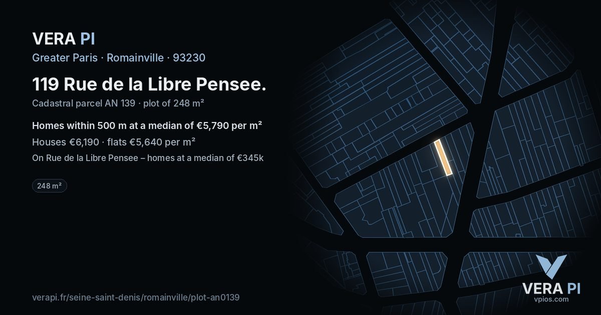 119 Rue de la Libre Pensee, Romainville at night – the plot lit, the parcels around coloured by the prices near them