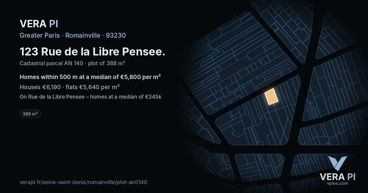 123 Rue de la Libre Pensee, Romainville at night – the plot lit, the parcels around coloured by the prices near them
