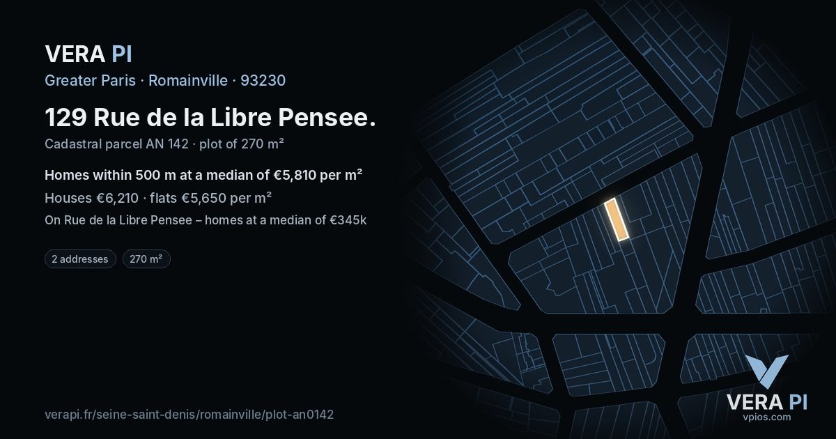 129 Rue de la Libre Pensee, Romainville at night – the plot lit, the parcels around coloured by the prices near them