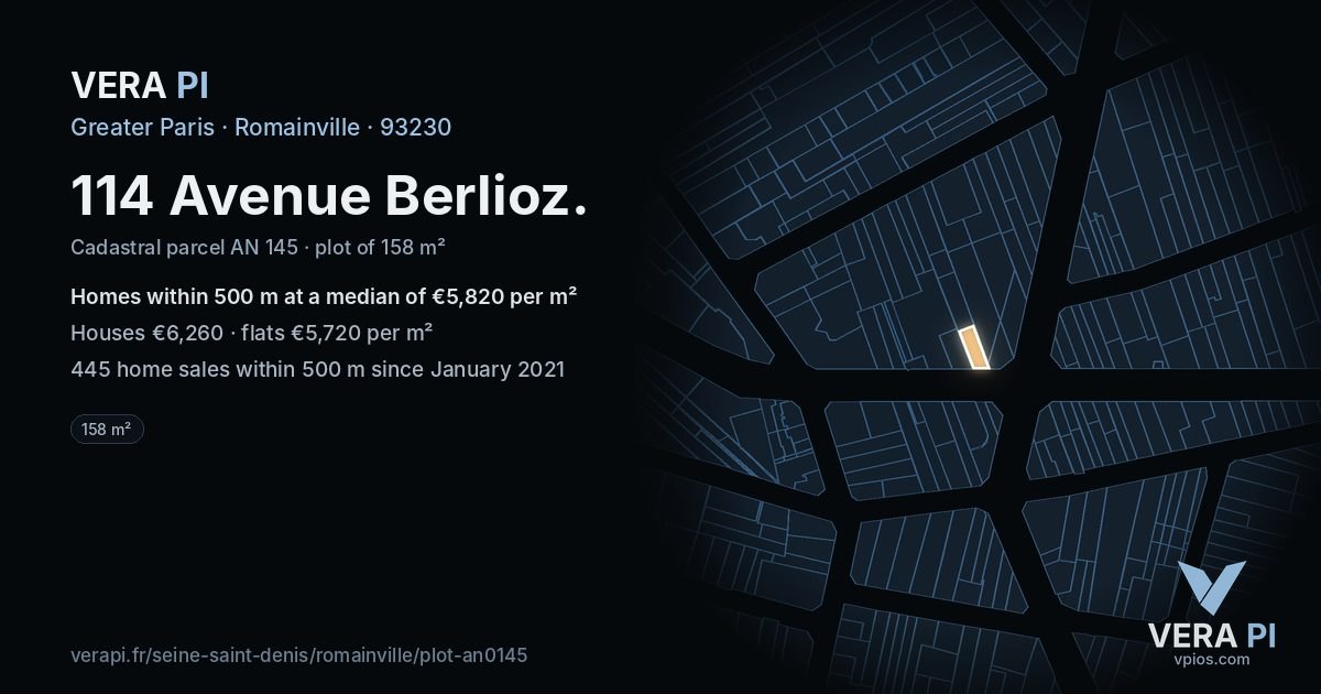 114 Avenue Berlioz, Romainville at night – the plot lit, the parcels around coloured by the prices near them