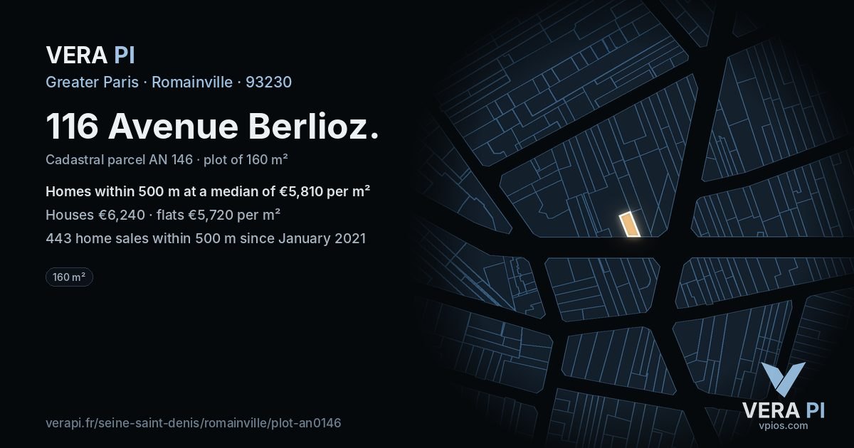116 Avenue Berlioz, Romainville at night – the plot lit, the parcels around coloured by the prices near them