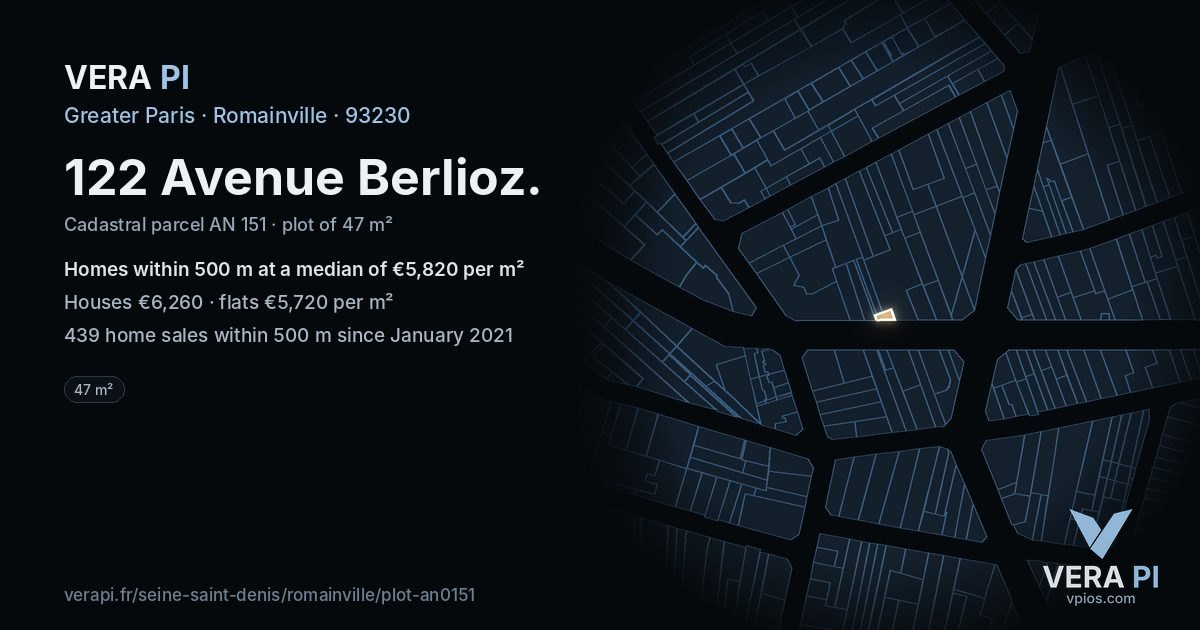 122 Avenue Berlioz, Romainville at night – the plot lit, the parcels around coloured by the prices near them