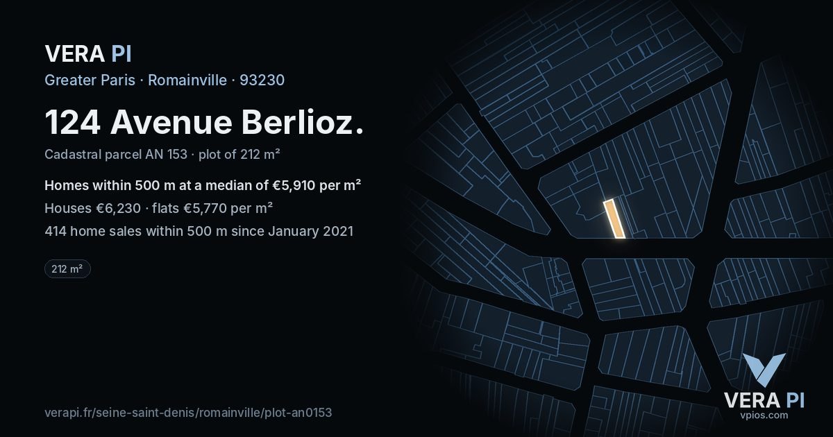 124 Avenue Berlioz, Romainville at night – the plot lit, the parcels around coloured by the prices near them