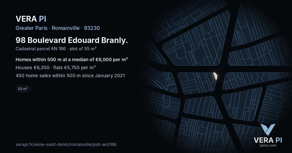 98 Boulevard Edouard Branly, Romainville at night – the plot lit, the parcels around coloured by the prices near them