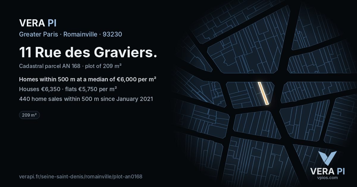 11 Rue des Graviers, Romainville at night – the plot lit, the parcels around coloured by the prices near them