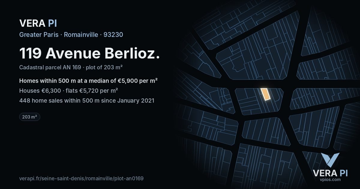 119 Avenue Berlioz, Romainville at night – the plot lit, the parcels around coloured by the prices near them