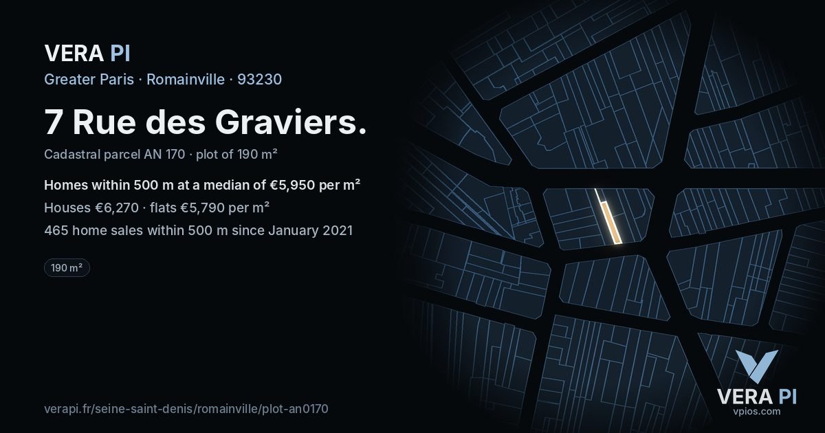 7 Rue des Graviers, Romainville at night – the plot lit, the parcels around coloured by the prices near them