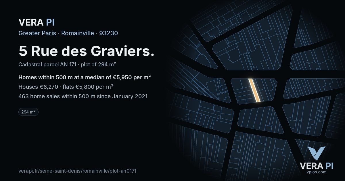 5 Rue des Graviers, Romainville at night – the plot lit, the parcels around coloured by the prices near them