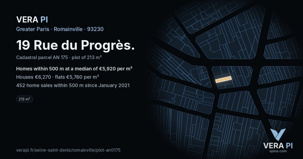 19 Rue du Progrès, Romainville at night – the plot lit, the parcels around coloured by the prices near them