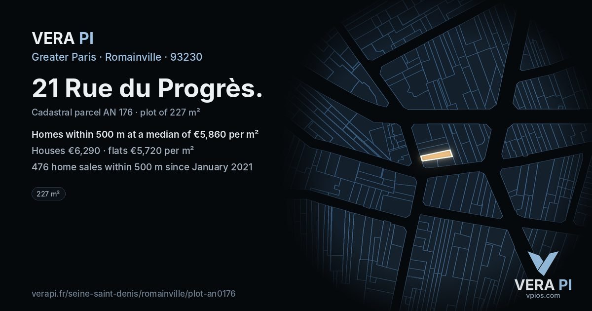 21 Rue du Progrès, Romainville at night – the plot lit, the parcels around coloured by the prices near them
