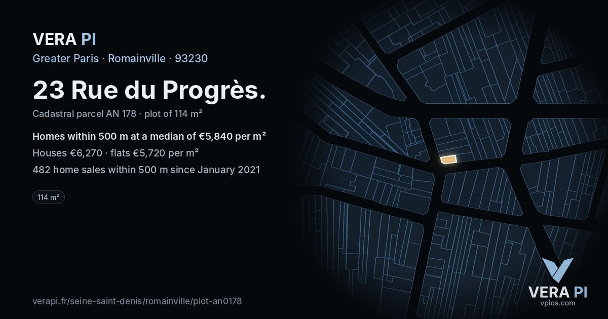 23 Rue du Progrès, Romainville at night – the plot lit, the parcels around coloured by the prices near them