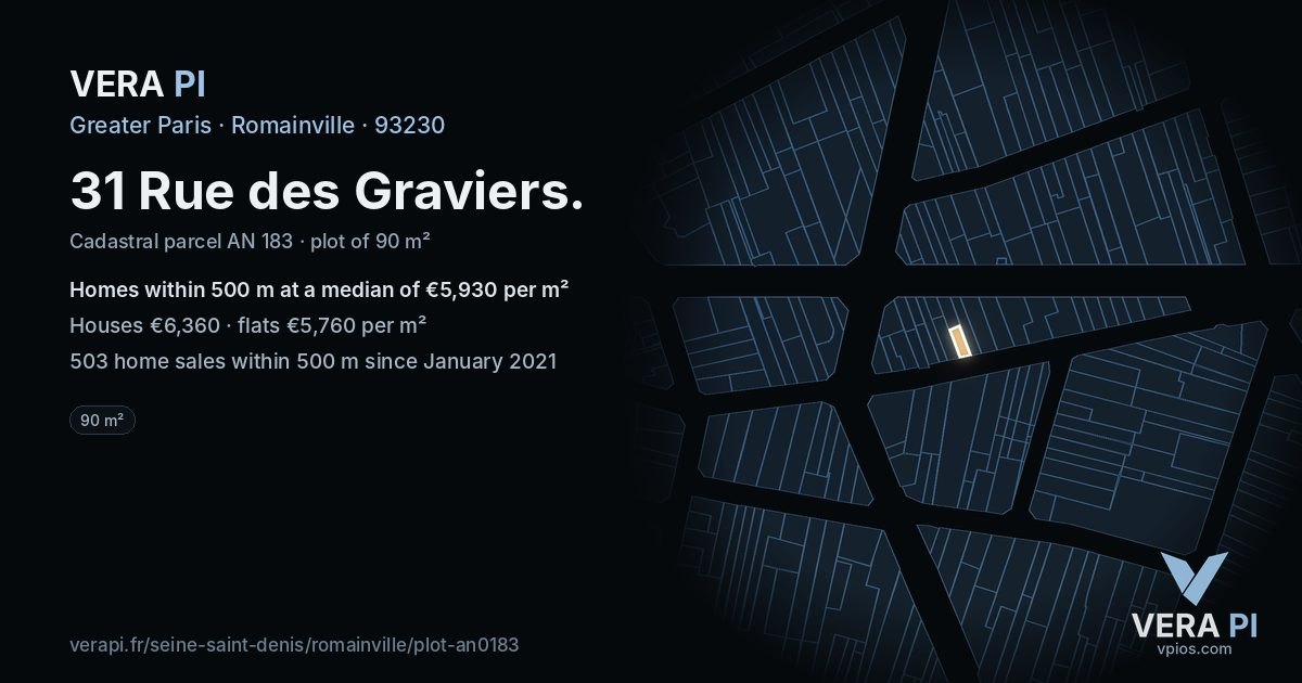 31 Rue des Graviers, Romainville at night – the plot lit, the parcels around coloured by the prices near them