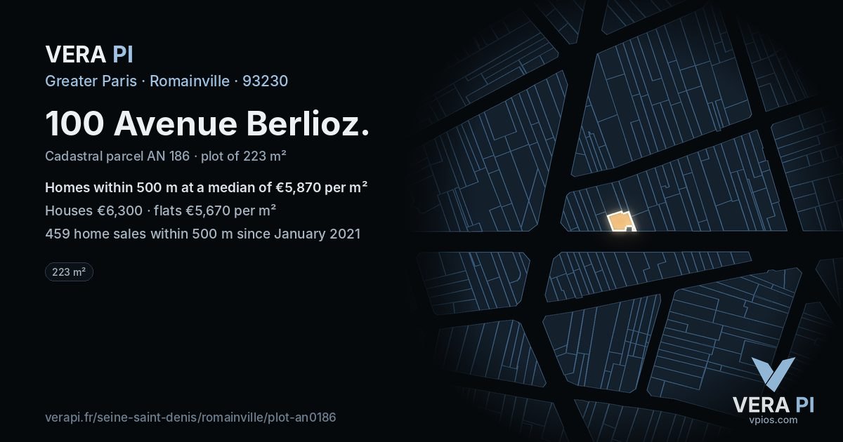 100 Avenue Berlioz, Romainville at night – the plot lit, the parcels around coloured by the prices near them