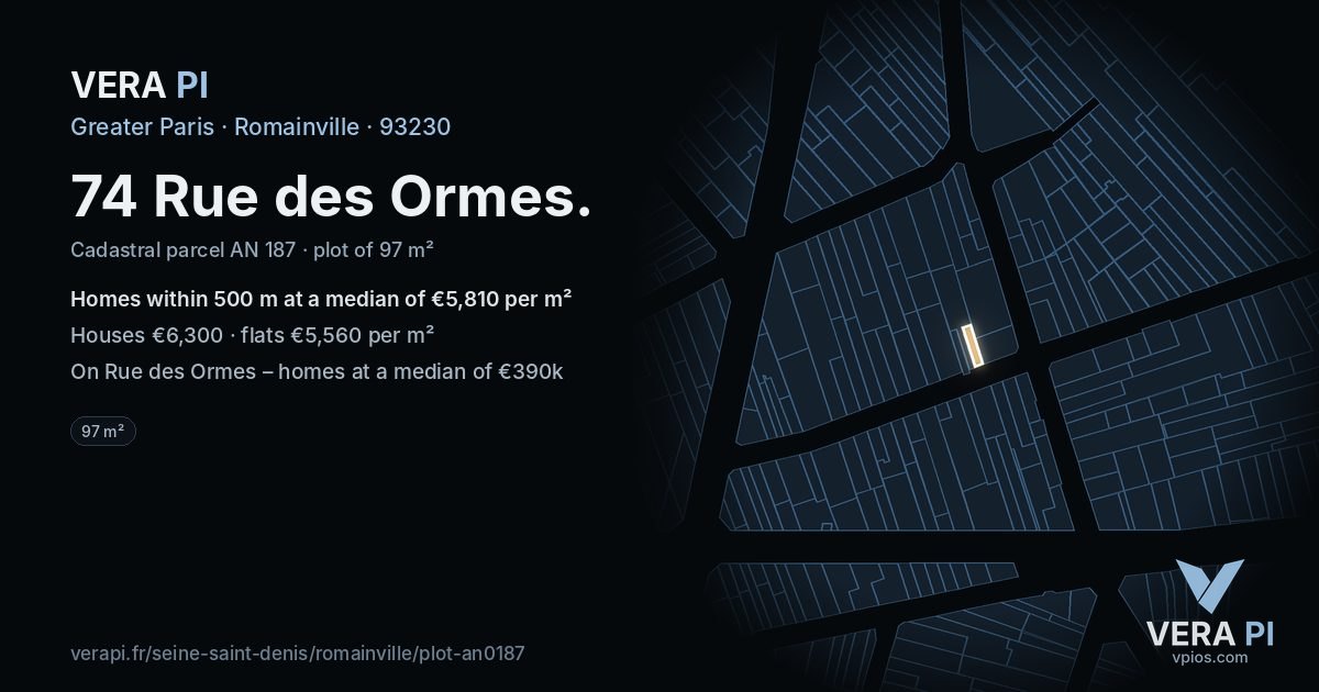 74 Rue des Ormes, Romainville at night – the plot lit, the parcels around coloured by the prices near them