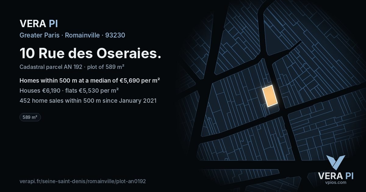 10 Rue des Oseraies, Romainville at night – the plot lit, the parcels around coloured by the prices near them