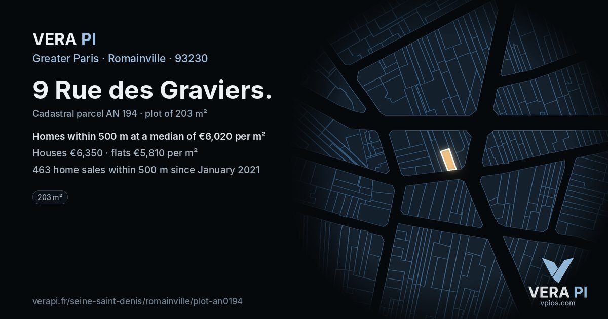 9 Rue des Graviers, Romainville at night – the plot lit, the parcels around coloured by the prices near them