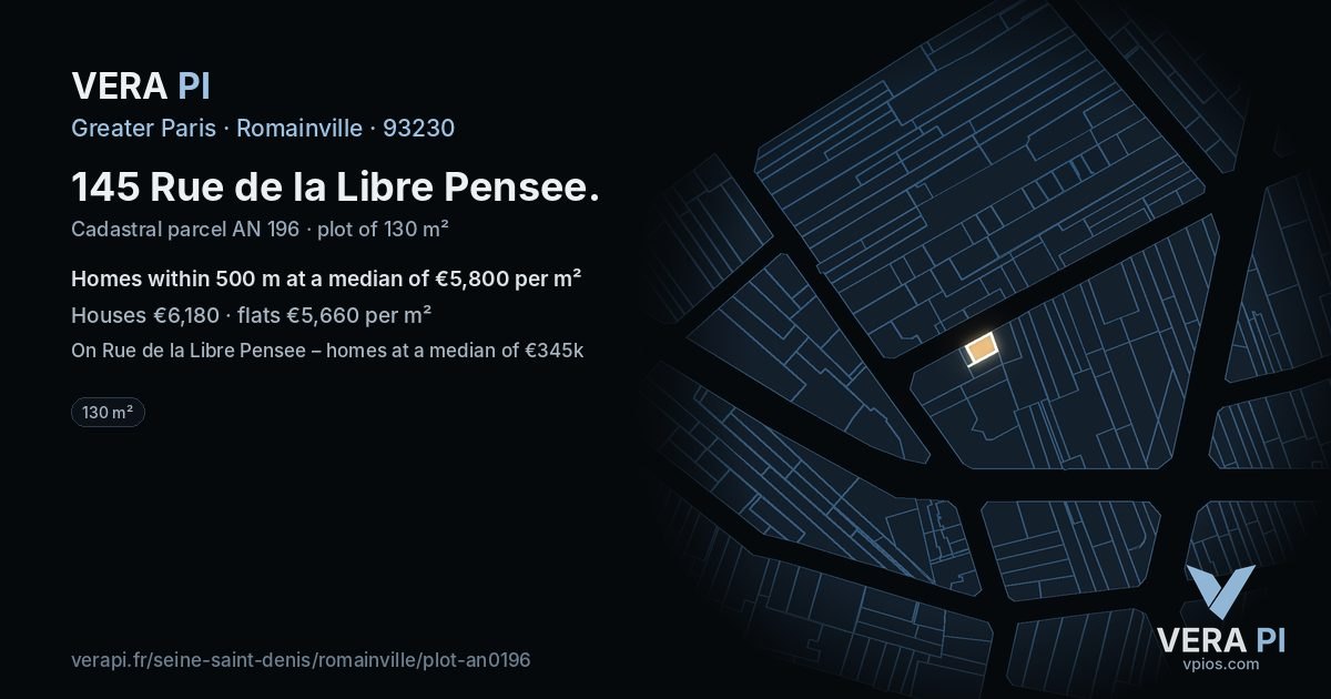 145 Rue de la Libre Pensee, Romainville at night – the plot lit, the parcels around coloured by the prices near them