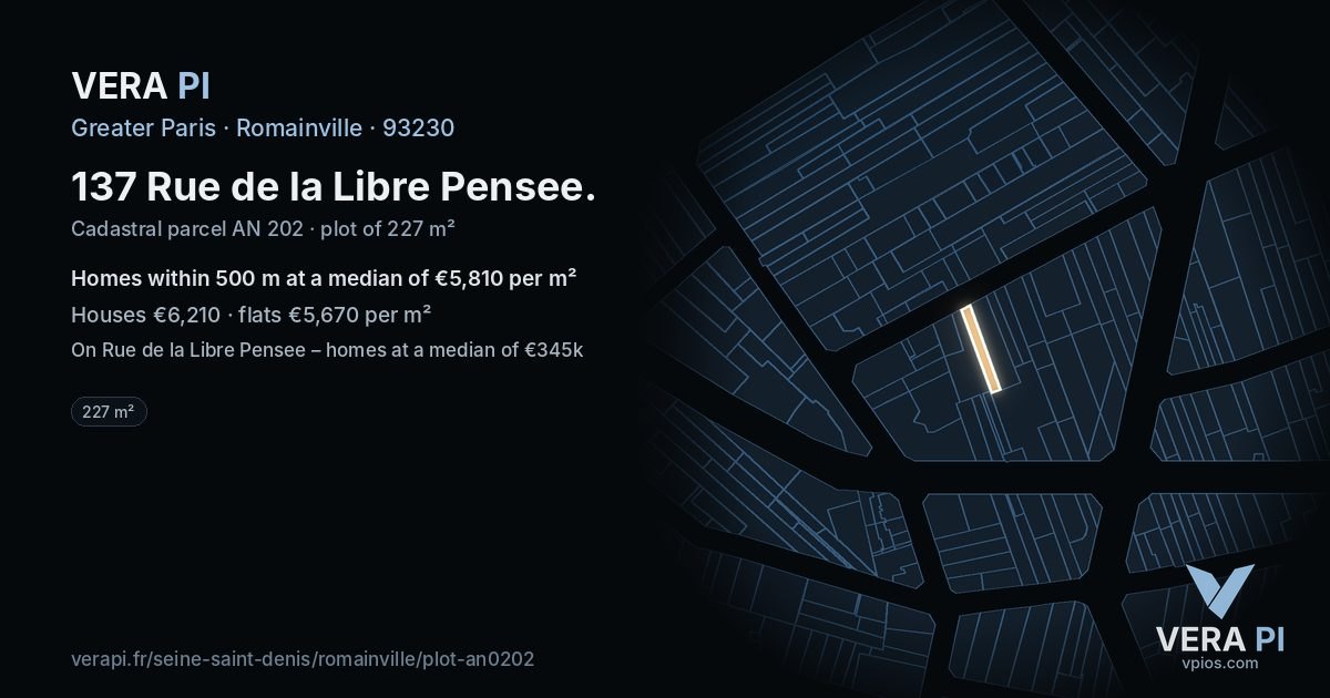 137 Rue de la Libre Pensee, Romainville at night – the plot lit, the parcels around coloured by the prices near them