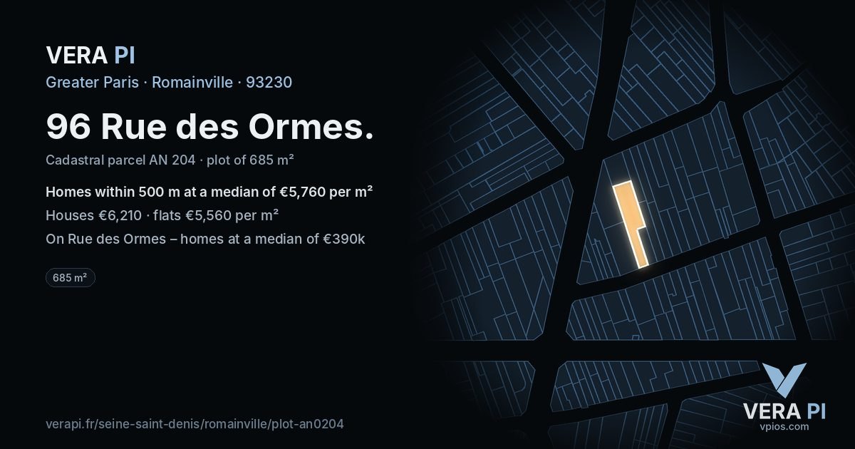 96 Rue des Ormes, Romainville at night – the plot lit, the parcels around coloured by the prices near them