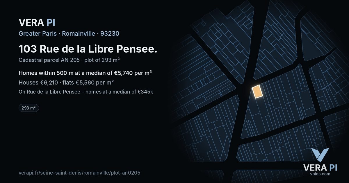103 Rue de la Libre Pensee, Romainville at night – the plot lit, the parcels around coloured by the prices near them