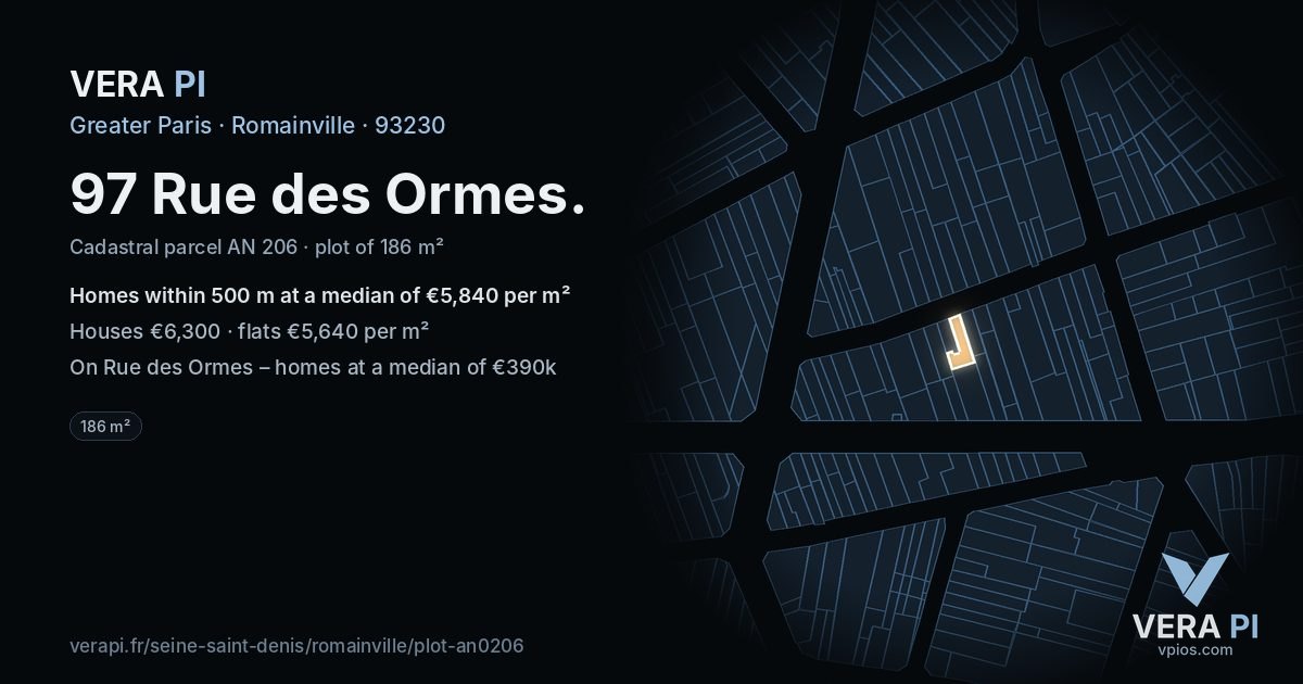 97 Rue des Ormes, Romainville at night – the plot lit, the parcels around coloured by the prices near them