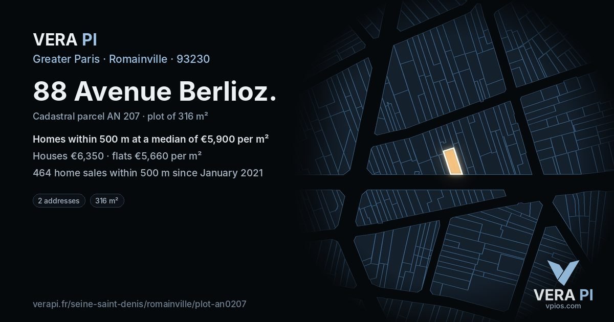 88 Avenue Berlioz, Romainville at night – the plot lit, the parcels around coloured by the prices near them