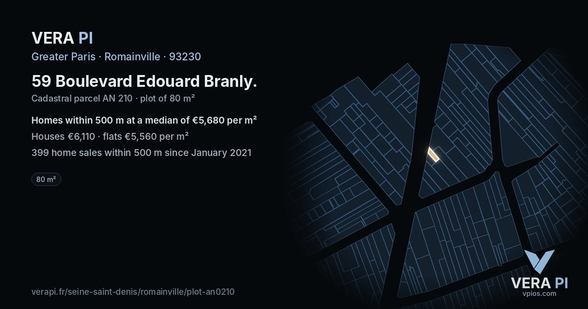 59 Boulevard Edouard Branly, Romainville at night – the plot lit, the parcels around coloured by the prices near them