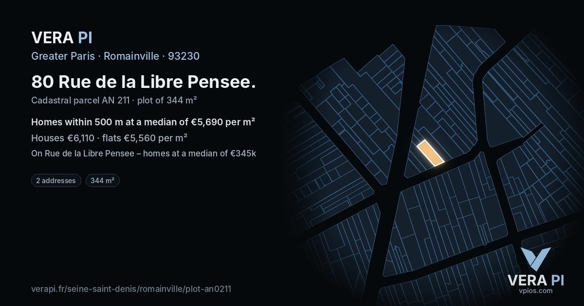 80 Rue de la Libre Pensee, Romainville at night – the plot lit, the parcels around coloured by the prices near them