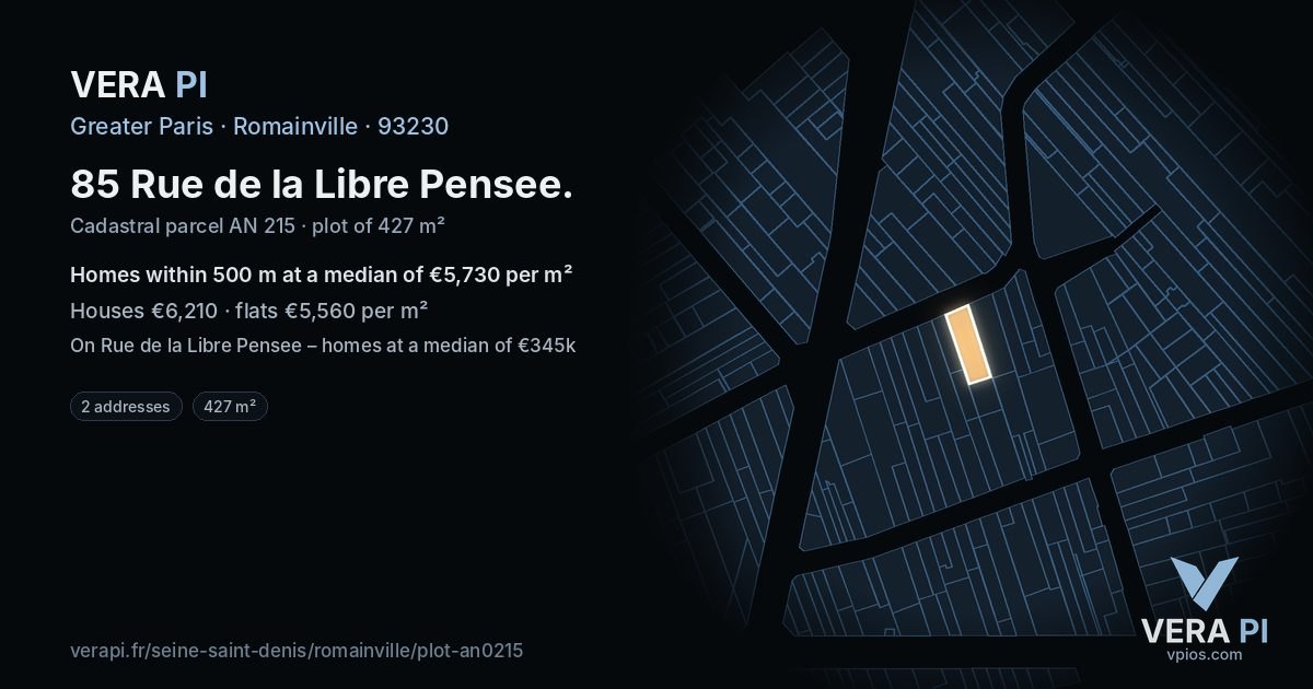 85 Rue de la Libre Pensee, Romainville at night – the plot lit, the parcels around coloured by the prices near them